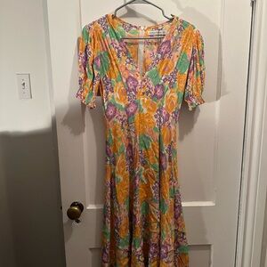Faithfull the Brand Orange and Purple Floral Midi Dress